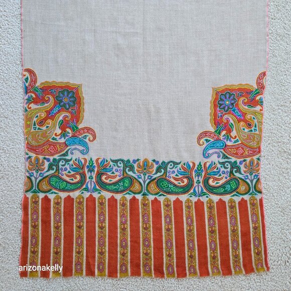 Embroidered Cashmere Scarf Boho Earthy Artisan - Picture 1 of 14